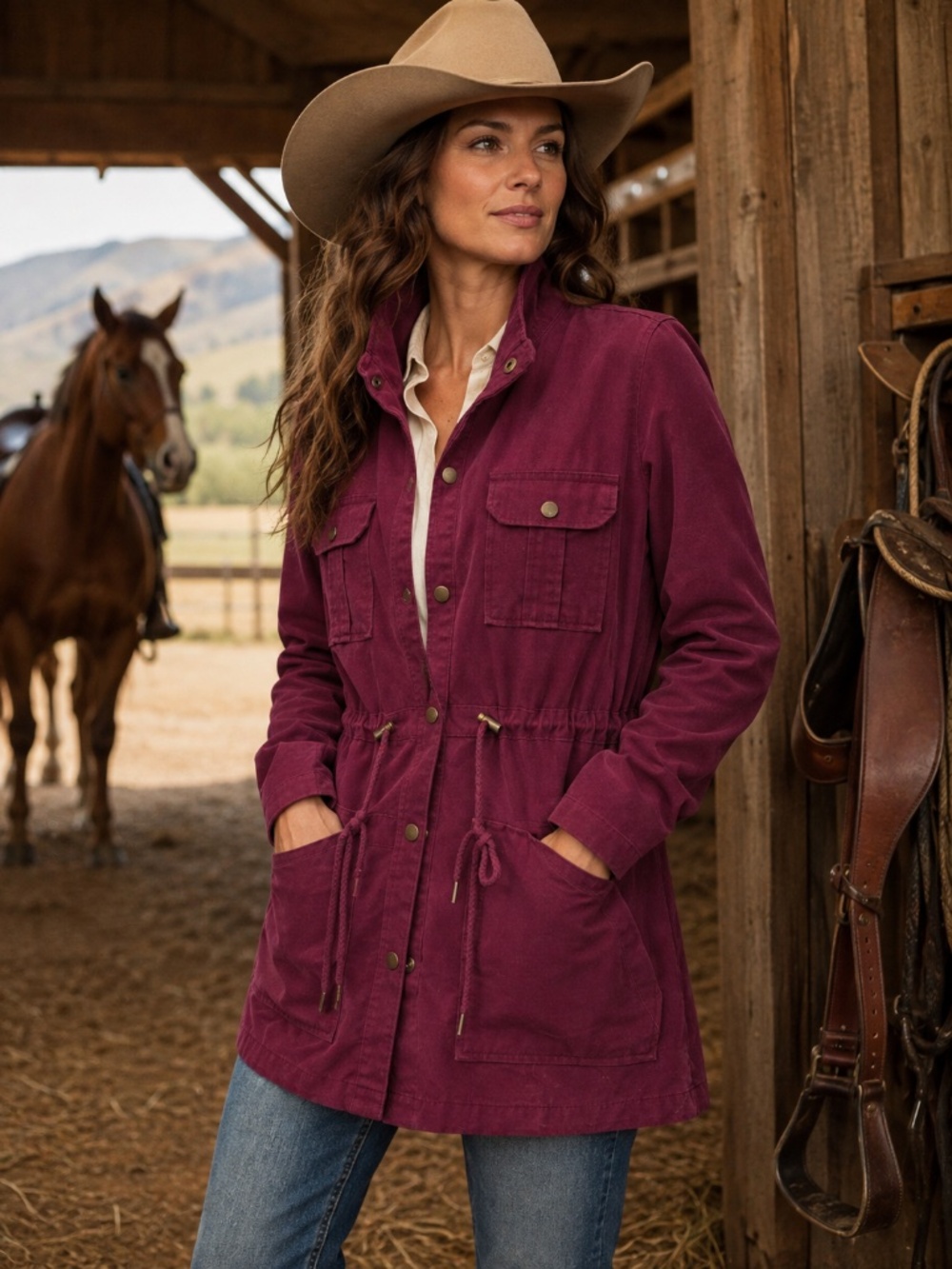 100% Cotton barn coat L utility pockets draw string snaps cowgirl western